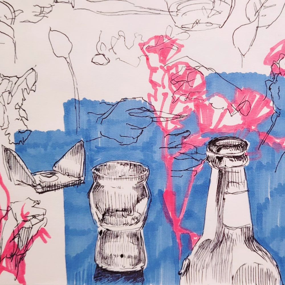 Study of blender blades, a glass, a bottle. Some pink contour drawings of flowers. Various sketches.