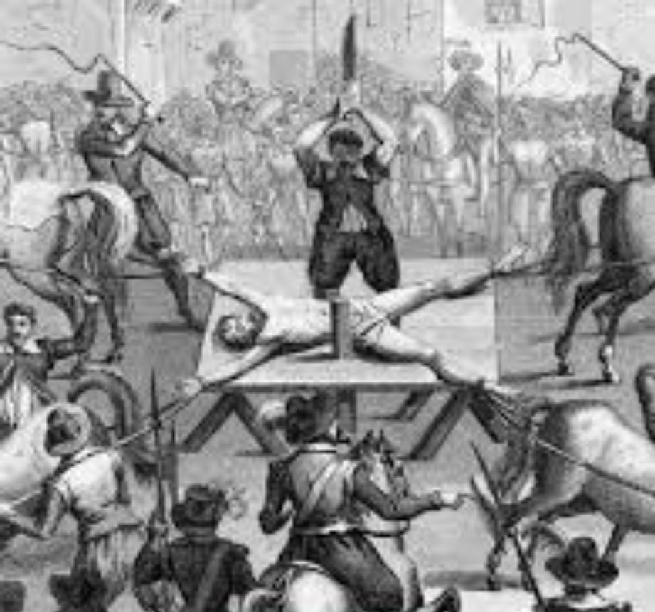 Black and white illustration of man being drawn and quartered as crowd watches.