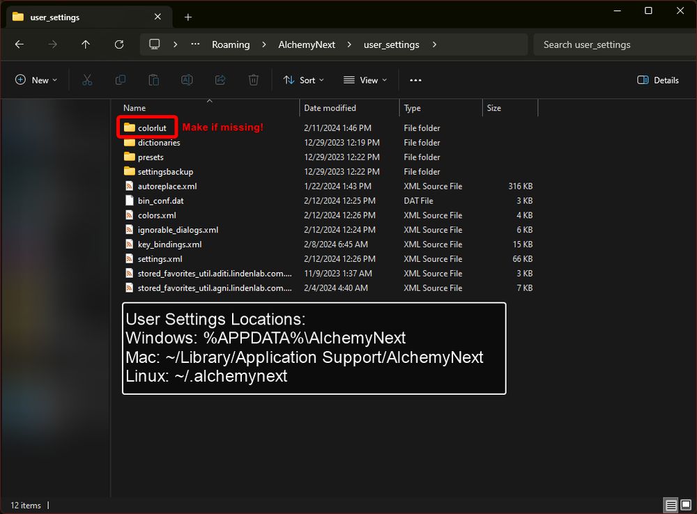 You can find your user_settings folder in the application data for Alchemy Viewer
This is normally in...
Windows: %APPDATA%\AlchemyNext
Mac: ~/Library/Application Support/AlchemyNext
Linux: ~/.alchemynext
