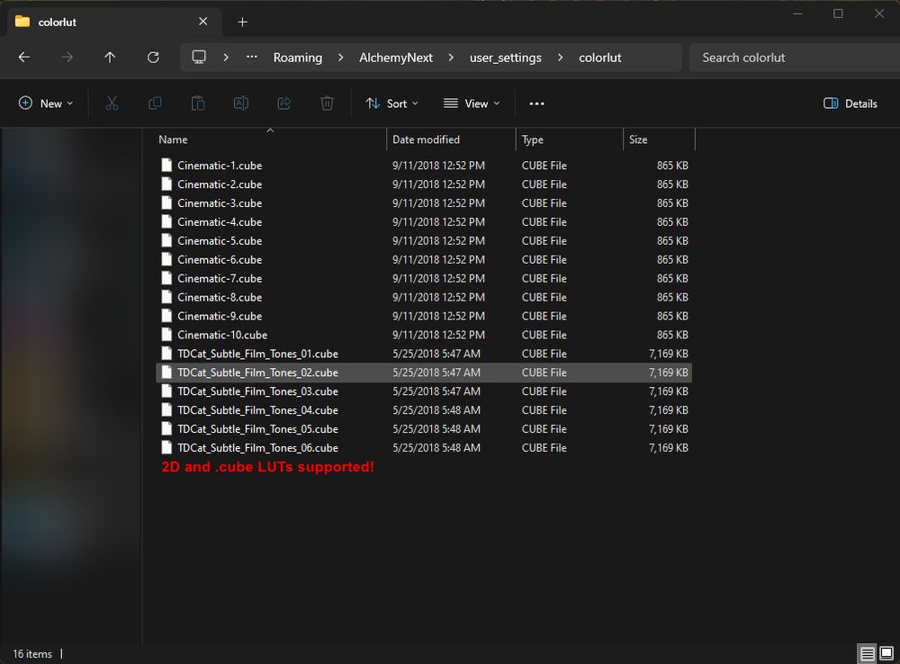In the colorlut folder, you can place '2D' or .cube LUT files here