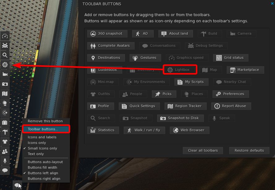 You can add Lightbox to your toolbar by right click any icon on your toolbar, clicking "Toolbar Buttons" and dragging Lightbox onto your toolbar!