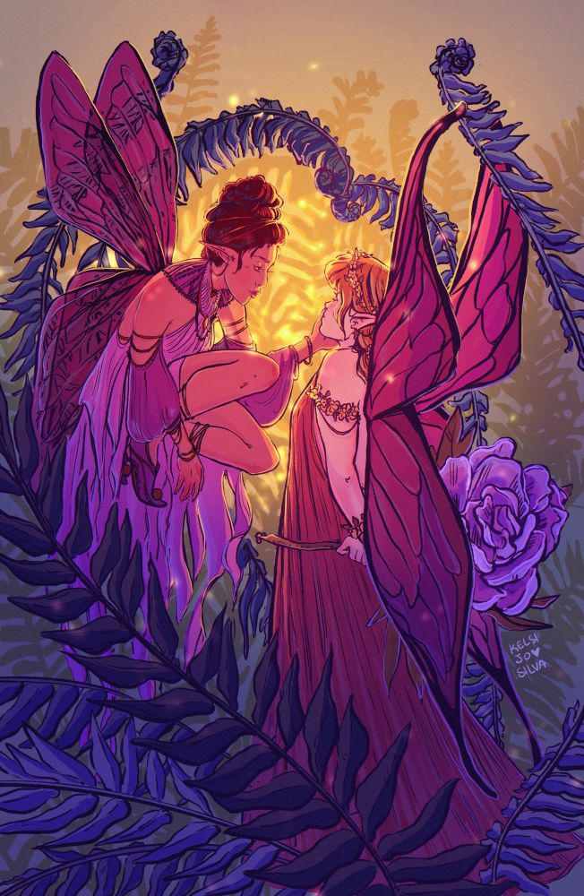 Illustration of some sapphic fairies. One caresses the cheek of the other. 