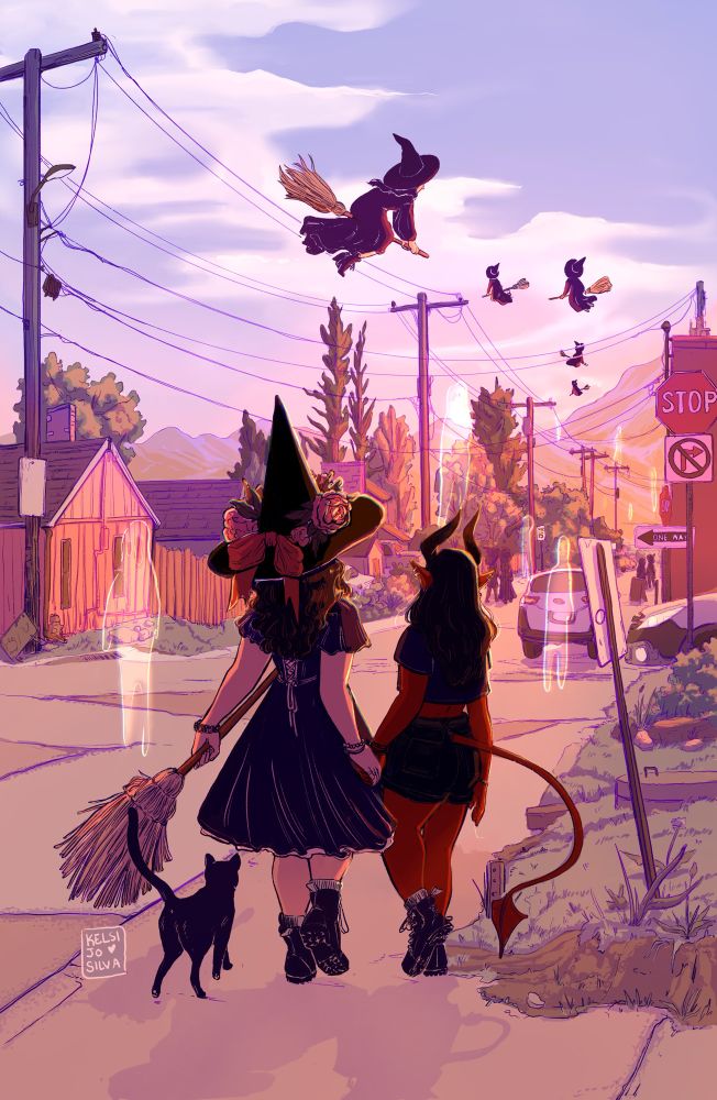 A demon and a witch walk down a street holding hands. 