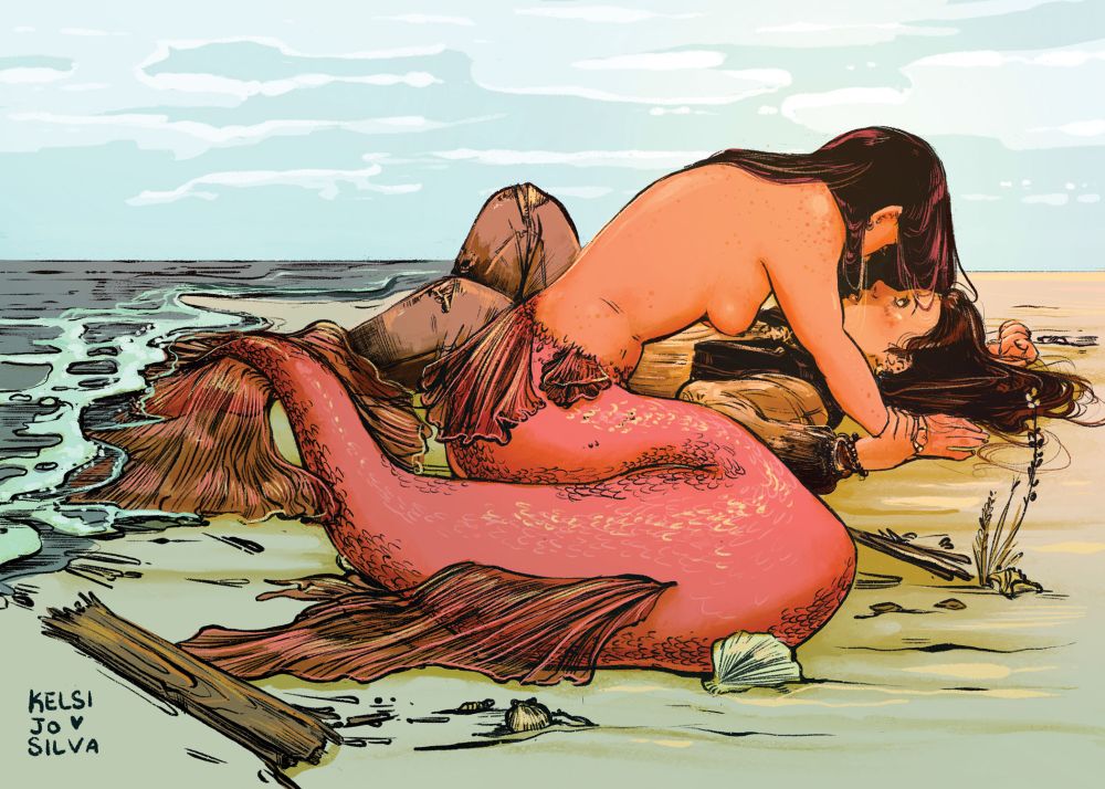 a mermaid and a flustered, drowned sailor. They are both girls. 