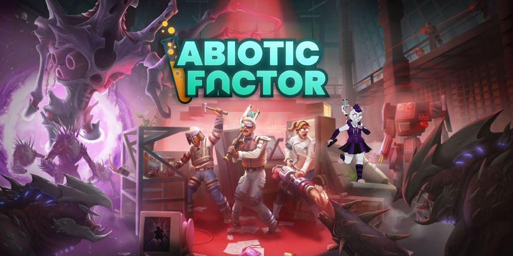 Cover image for my streams containing Abiotic Factor. Its art of a group of 3 scientists huddled together in the center, wearing and holding makeshift armor and weapons. Around them are makeshift barricades of furniture and crafting benches. On the other side of the barricades are a variety of aliens and monsters approaching them. On an upturned couch stands my sona, a white anthro USB Mouse with purple hair and clothing, wielding a pistol.