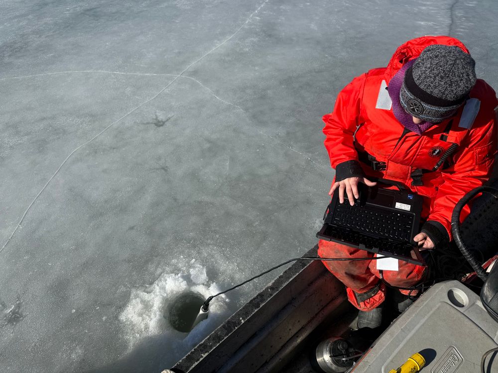 Water quality sampling from an airboat on a frozen backwater lake of the Illinois River