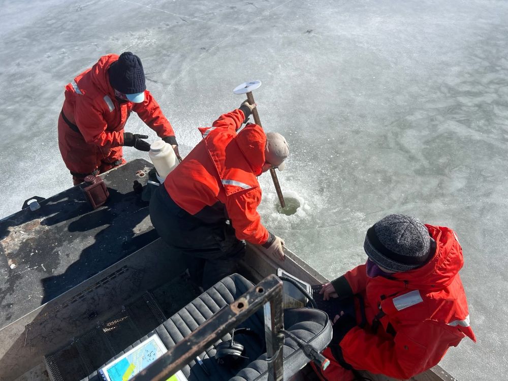 Water quality sampling from an airboat on a frozen backwater lake of the Illinois River
