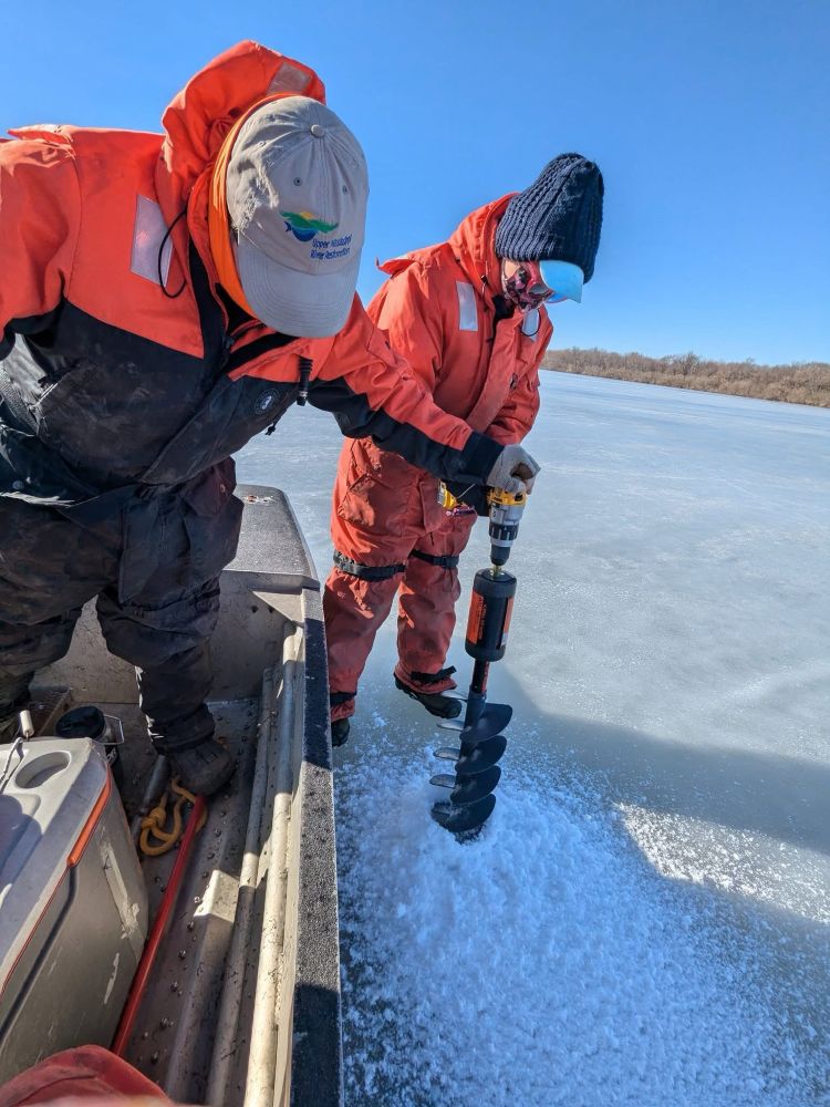 Water quality sampling from an airboat on a frozen backwater lake of the Illinois River