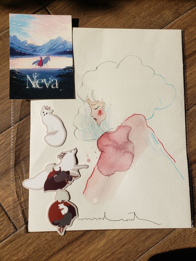 Watercolor of a woman with white cloudy hair and red clothes, protagonist of the videogame Neva. As well as 3 stickers and a postcard of caracteres of the same game.