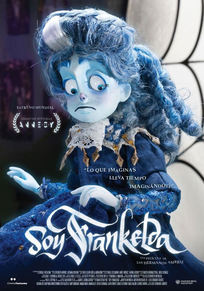 Movie poster for the "Soy Frankelda" mexican stop-motion film. It shows Frankelda, a blue literal ghost writer in her dress.