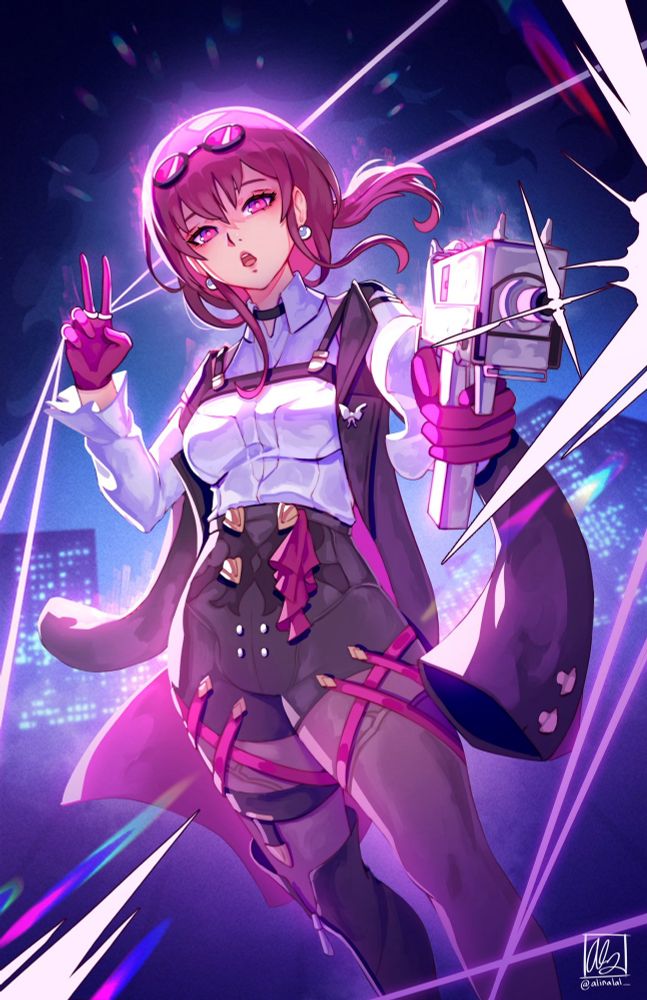 An illustration of Kafka from Honkai Star Rail pointing her gun at the camera and also her little stringy thingies are wrapped around her fingers 