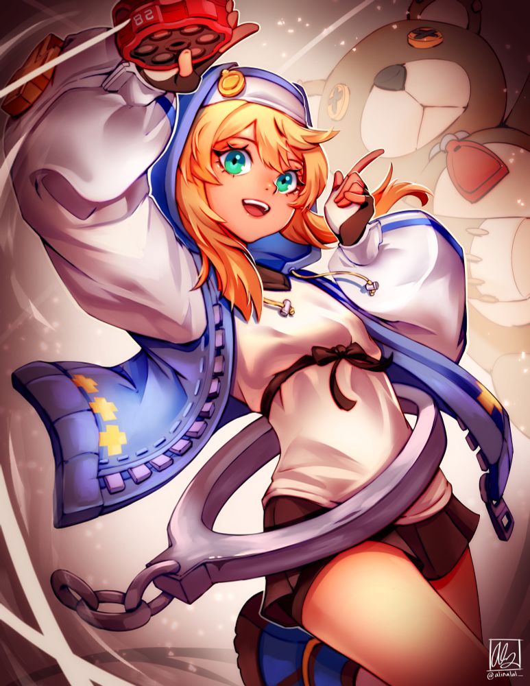 fanart drawing of bridget from guilty gear holding her yarn thing idk i havent played this game im sorry 
