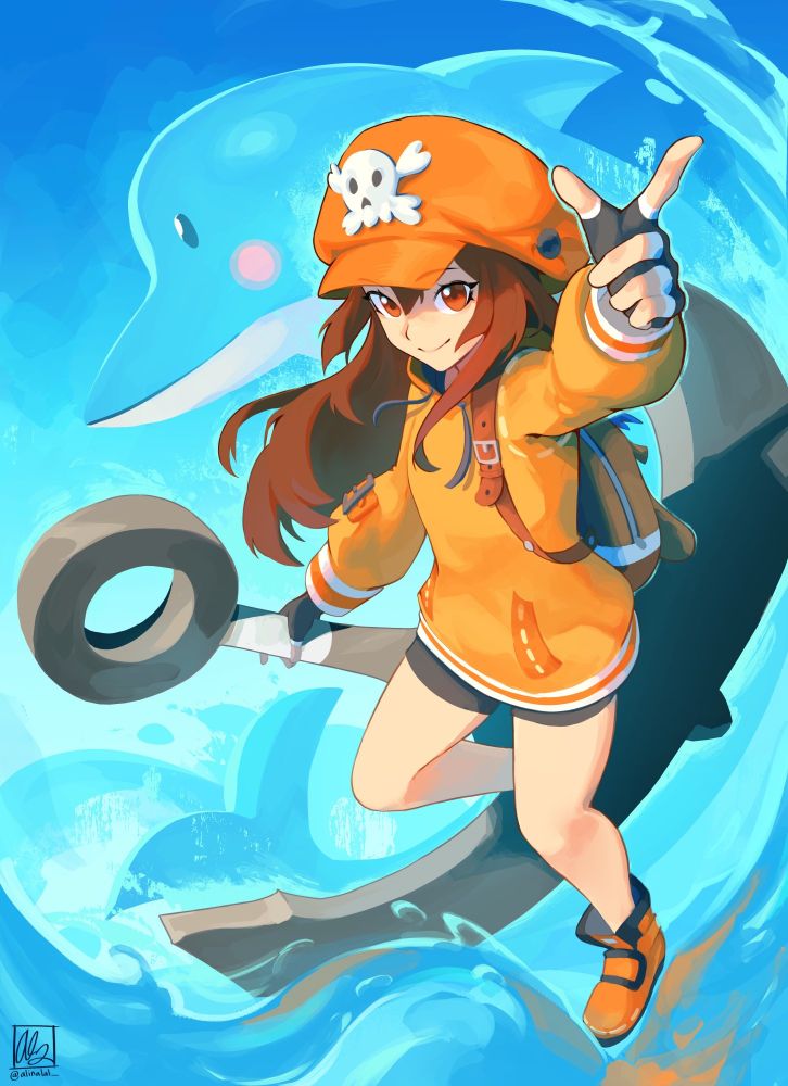 fanart drawing of may from guilty gear pointing at the camera and doing her dolphin totsugeki move 