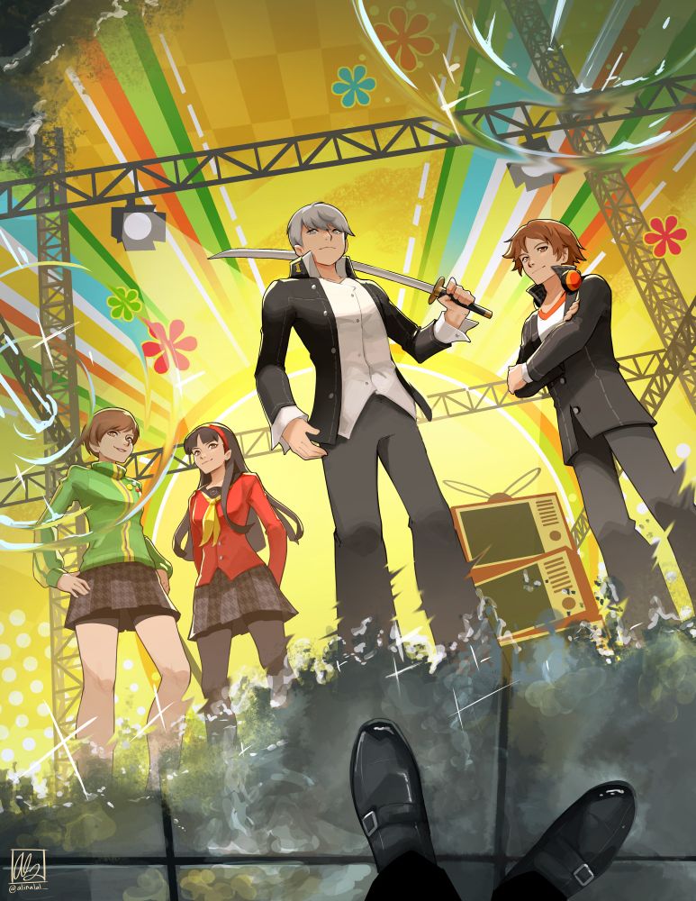 an illustration of the characters from persona 4. the protagonist yu narukami is looking through a rain puddle and the reflection shows himself, yosuke, chie, and yukiko in the TV world
