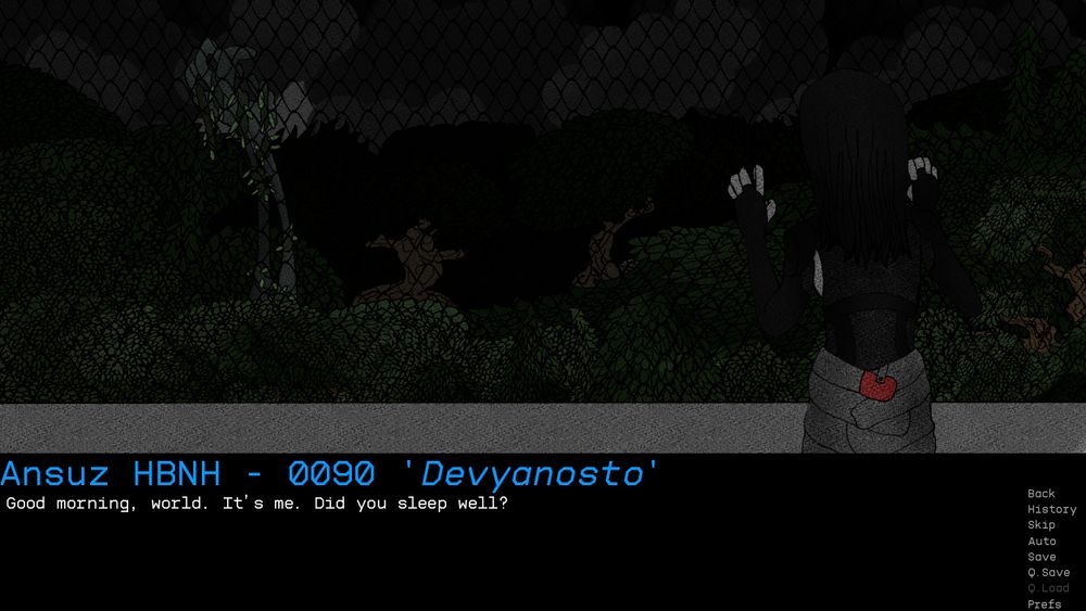 A screenshot of the game Happiness: An Affront to God. In it an android woman is looking at a forest from up top. It's dark outside and you can see any animals, the robot woman is saying "Good morning world. It's me. Did you sleep well?"