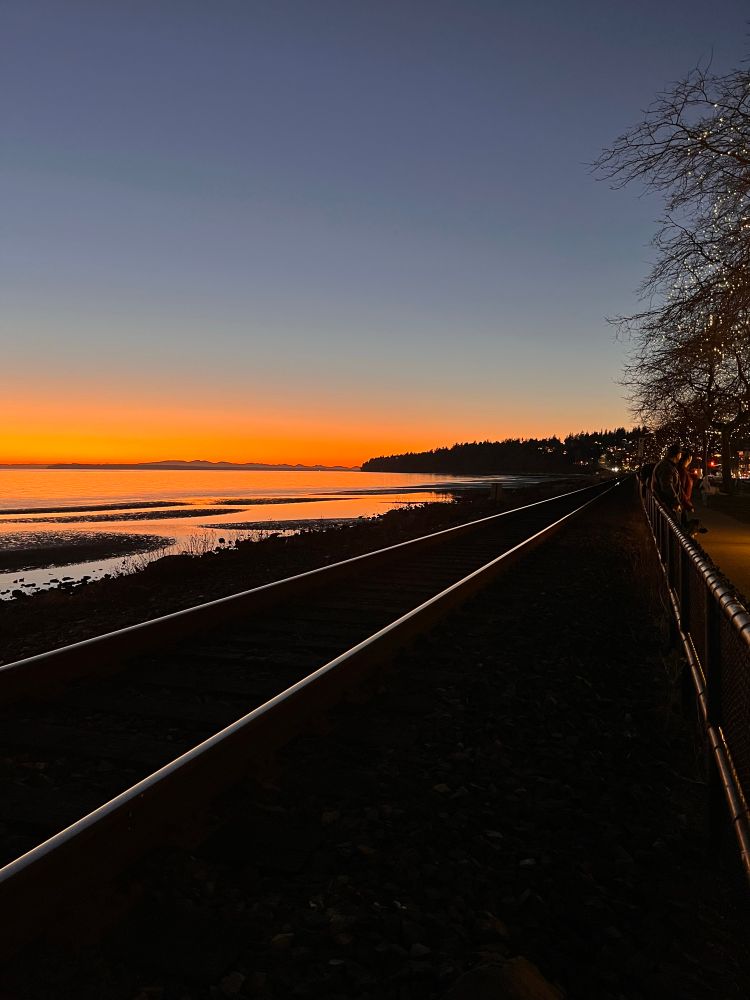 Landscape picture of train tracks near a beach at sunset