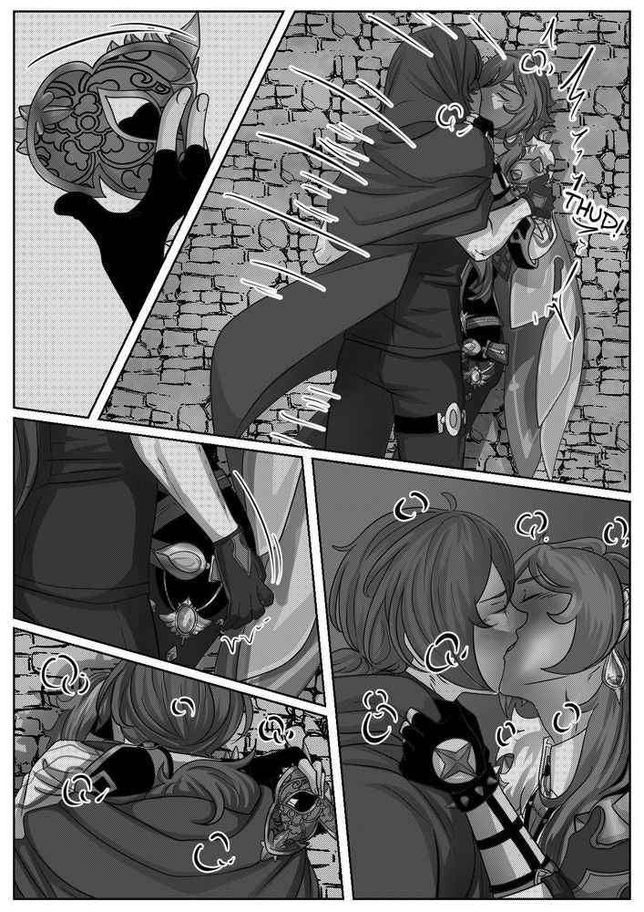 Diluc pressed him against the wall and kissed him more and more passionately. Kaeya removes his mask, wrapping his arms around his neck.