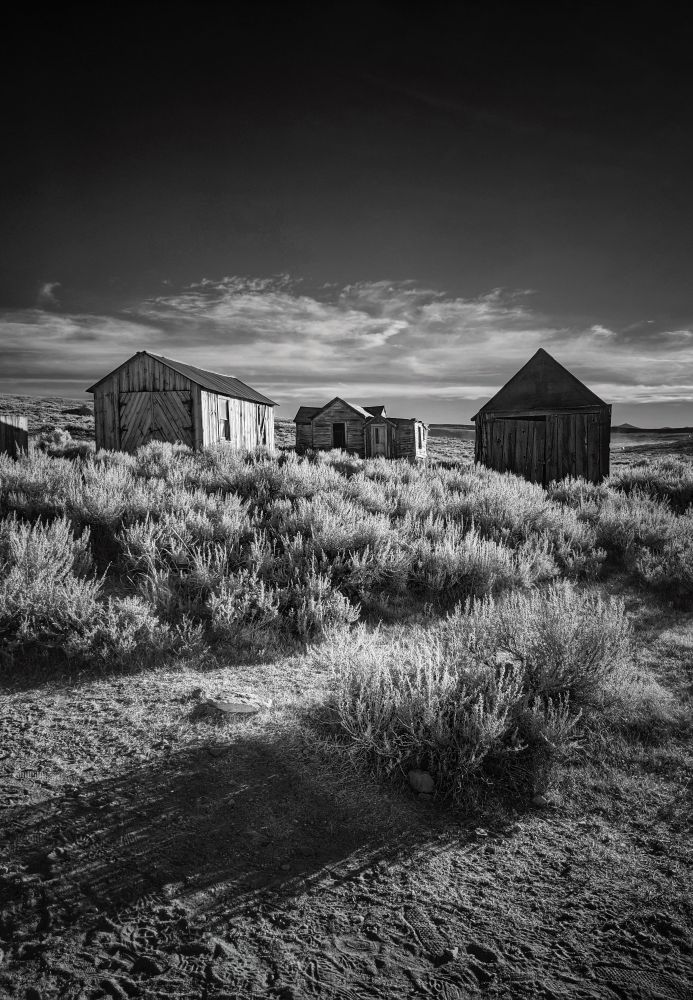 A dramatic black and white photo of three abandoned wooden buildings with sandy earth and dry grasses in the foreground. The sky is dark gray to black with a layer of white clouds close to the horizon. 