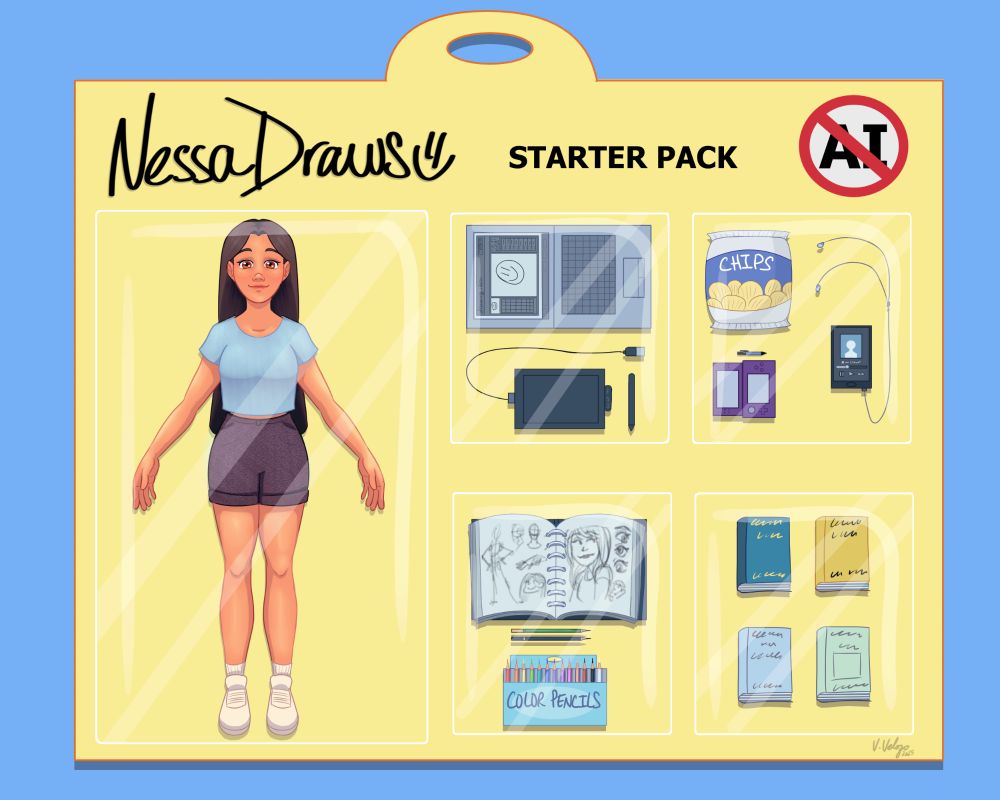 A digital drawing of a "starter pack" doll. The image shows a doll next to a laptop and drawing tablet, a sketchbook with pencils and color pencils, books, a bag of chips, a phone connected to earphones, and a video game console. Above the items reads: "Nessa draws starter pack" with a "no" symbol over the word "AI" next to the title