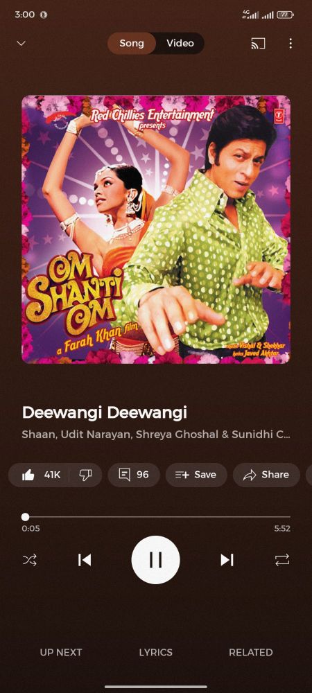 Screenshot of the Song Deewangi Deewangi from the movie Om Shanti Om on YouTube Music 
