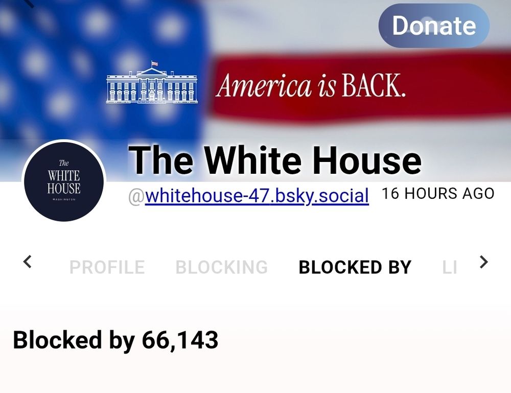 Clearsky screenshot showing 66,143 accounts have blocked the official White House account.