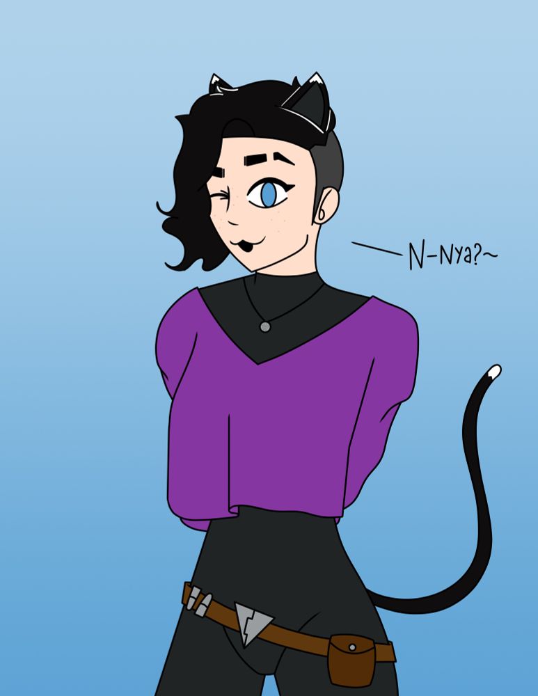 A halfbody drawing of my Star Wars OC Jaina Ryder for Cat Day. She is a pale skinned woman with short curly black hair in a side shave style, with freckles and blue eyes, and a slit in her left eyebrow. She’s wearing a black skintight bodysuit with a purple poncho overtop, and a brown utility belt with a pouch and a triangular buckle. She also has a small necklace with an engraved medallion. In this drawing, she is standing with her arms behind her back, winking at the camera and smiling with a cat-like mouth. She has black cat ears and a black tail, both with white at the tips. She is on a blue background with a subtle gradient. To the right is text that reads: “N-Nya?~”