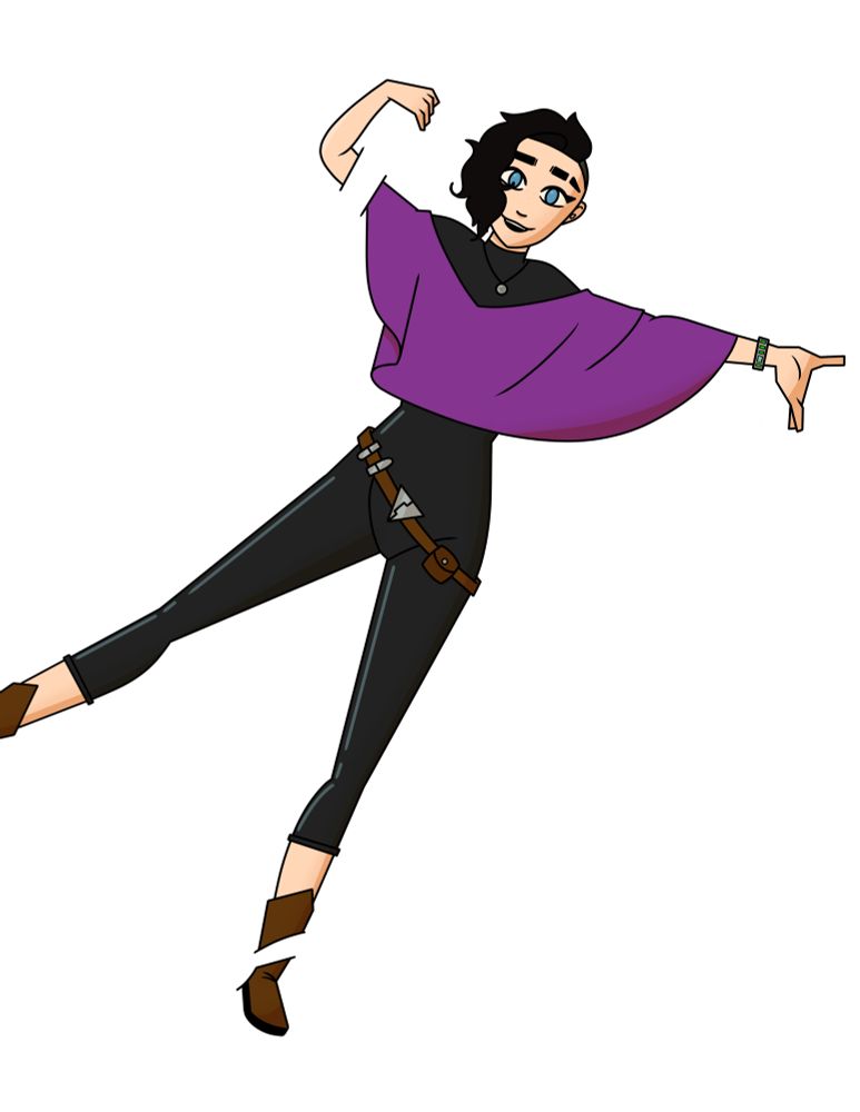 A full body drawing of my Star Wars OC Jaina Ryder. She is a pale skinned woman with short curly black hair in a side shaved style, with freckles on her cheeks and nose, blue eyes, and a slit in her left eyebrow. She’s smiling with an open mouth and looking happy. She’s wearing a black skintight bodysuit with a purple poncho overtop, a brown utility belt with silver details, brown boots, a small electronic bracelet with four green lights, and a small silver necklace with a butterfly engraving. She’s in a very energetic pose, seemingly hanging off the side of an invisible pole with her left arm outstretched to the side.