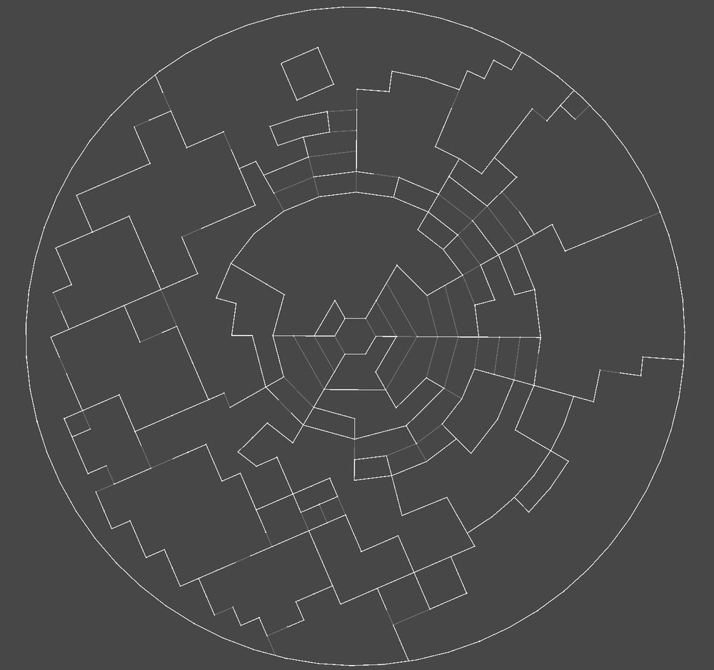 Dungeon generation created from a subdivided quadtree which blends seamlessly into a radial grid.