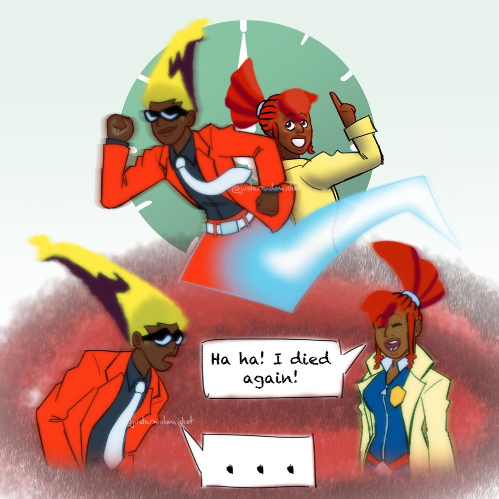 Colored digital doodles of the main character and Lynne from Ghost Trick: Phantom Detective as Black people. The main character's hair has an afro texture while Lynne's hair is in locs that turn into an afro.
The first doodles is the two of them stand back to back in front of a clock, the main character in a dynamic pose that's similar to running, though his legs are replaced with a ghost tail. Lynne looks at him with a smile, holding up a finger.
The second doodle is a redraw of the scene where Lynne says, "Ha ha! I died again!" while the main character stares at her in shock.