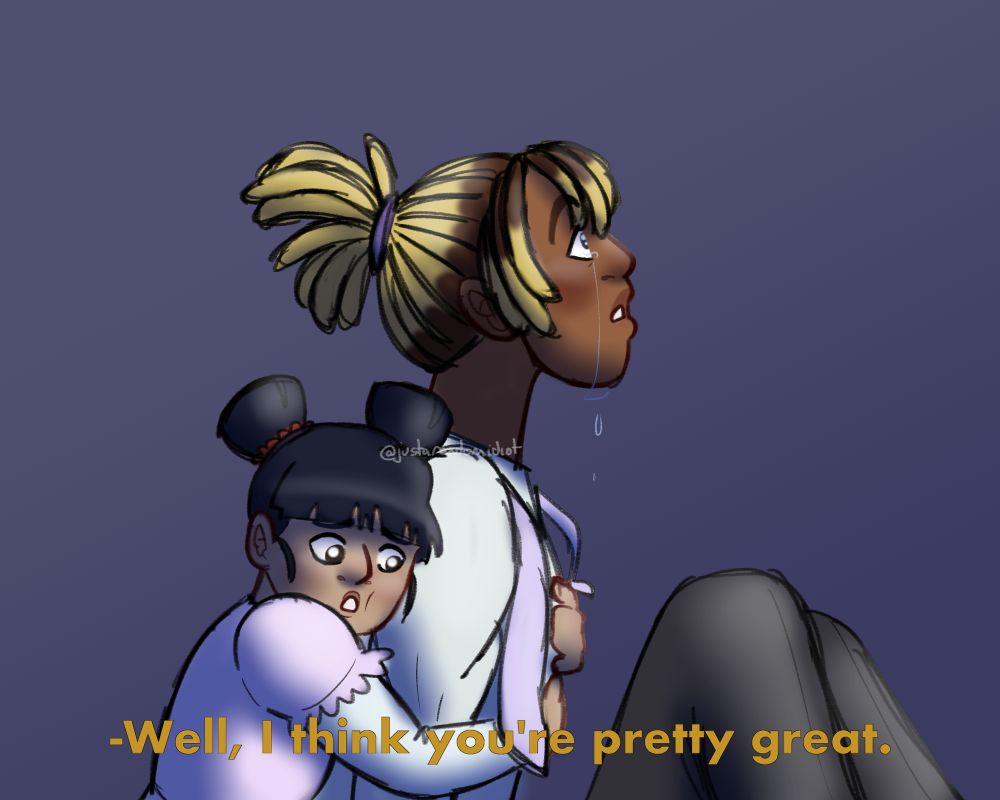 Teru continues to cry and stares up with his eyes wide as Harumi hugs him from behind as she says, "Well, I think you're pretty great."