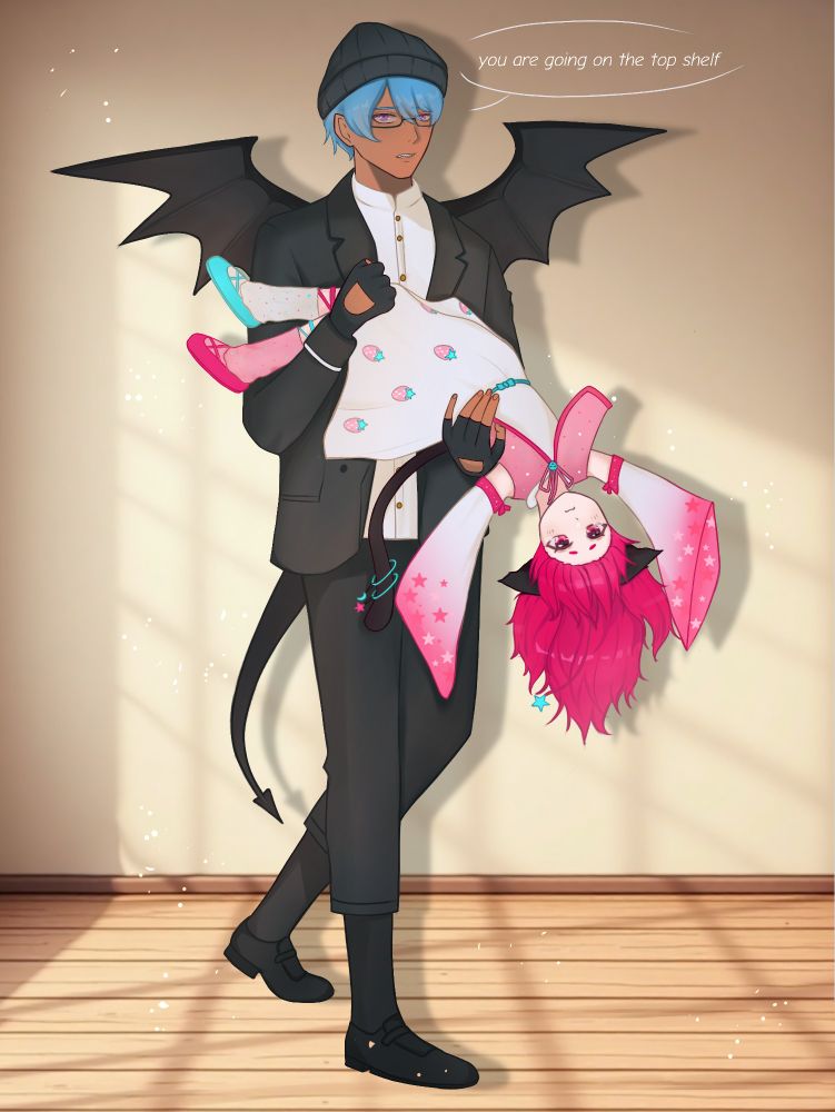 A sad huff alien cat girl is getting put on the top shelf by a mean dragon vtuber 