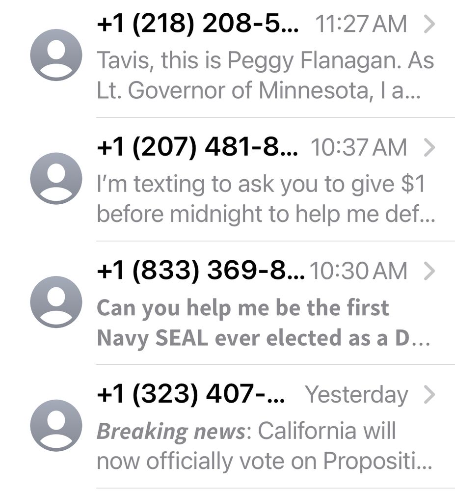 A screenshot of spam text messages soliciting donations
