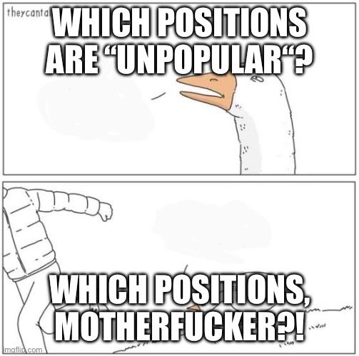 Angry goose meme. Panel 1: WHICH POSITIONS ARE "UNPOPULAR?

Panel 2: WHICH POSITIONS, MORHERFUCKER?!