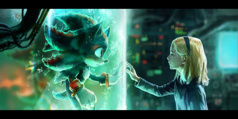 Shadow and Maria touching hands through a glass barrier between them.  Shadow is floating in his stasis tube.  