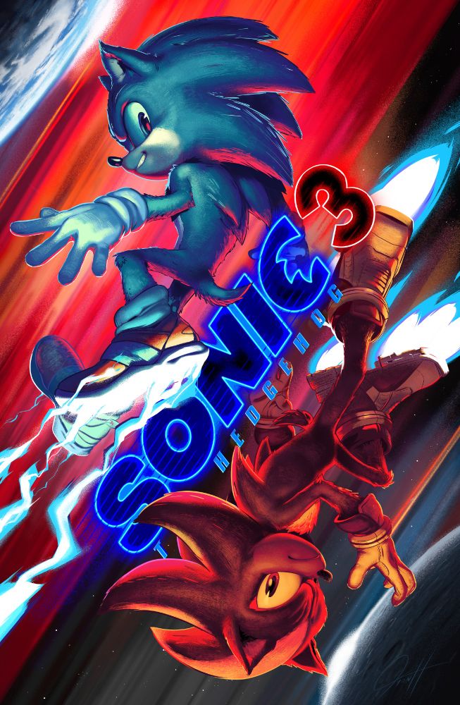 Sonic and Shadow back to back against the Sonic 3 logo