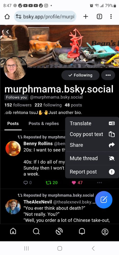 Screen grab of a useful menu over the profile of a magnificent artist you should follow, and the skeet she reposted of a clever and cool Aussie dude you should also be following.
I suck at scrolling, but I am going to improve.