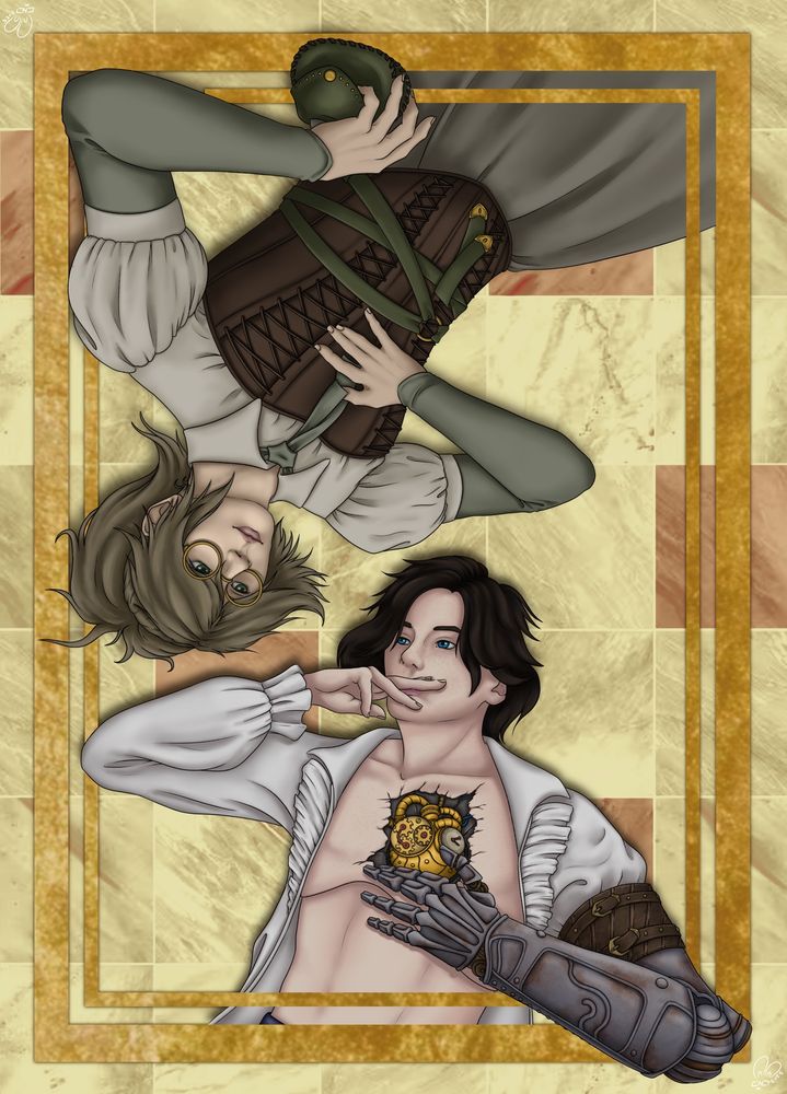 Upper body shots of P and lady laying on a marble tiled floor, bordered with gold