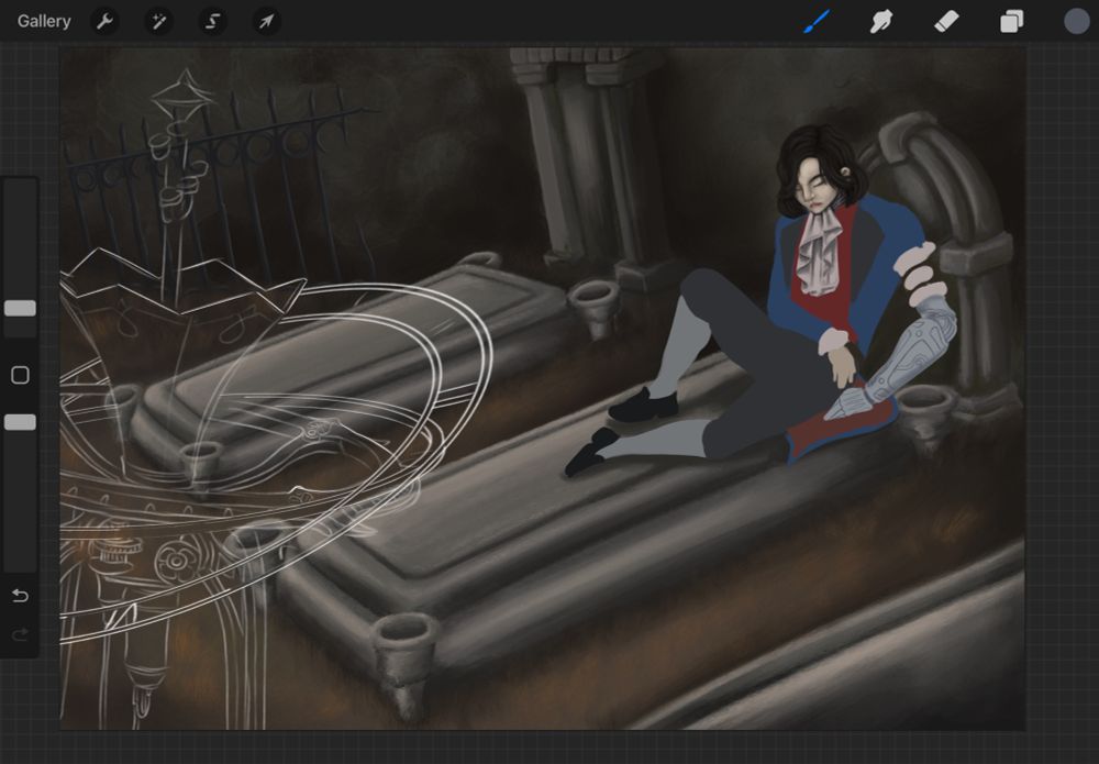 Background with gracestones. On one of them lays a boy with a mechanical armm ge rests against the headstone. In the foreground is a sketch of a mechanical device with an umbrella like core and clock face outer ring