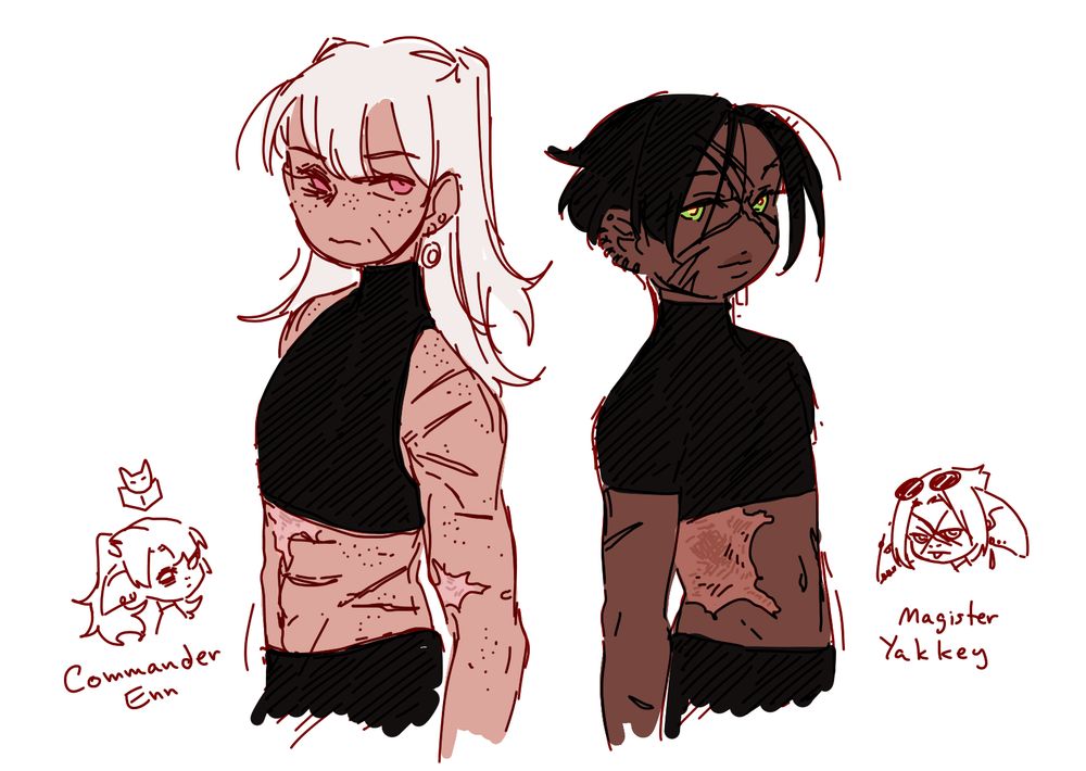 My two asura characters from Guild Wars 2 as humans.

On the left is an older woman with white hair and a very toned body, on the right is a younger man. Next to each of them is a small doodle of the actual asura characters