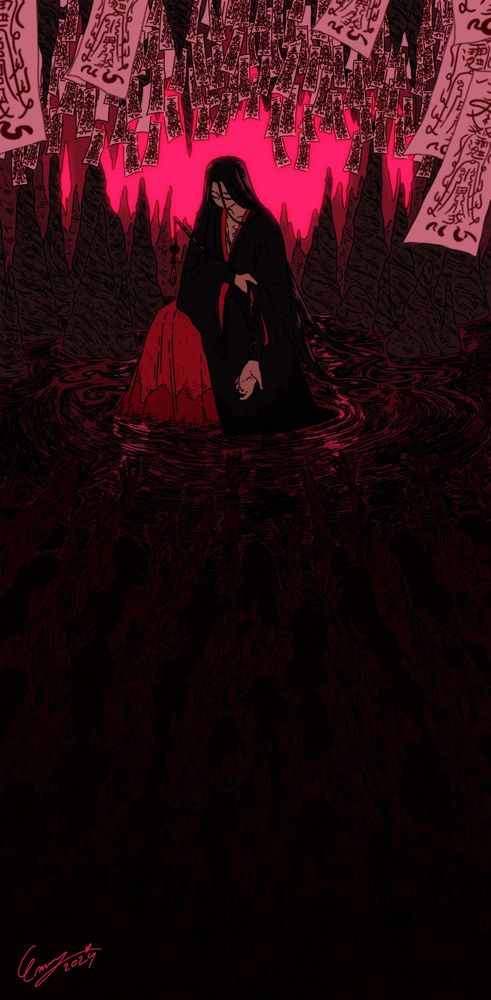 An illustration depicting Wei Wuxian as the Yiling Patriarch, kneeling in the Blood Pool inside the Demon Slaughtering Cave within the Burial Mounds.

He is extending his hand to summon the corpses of the dead whose bodies have been dumped in the Blood Pool. They're very faintly visible, but there are bodies reaching out to him covering the bottom half of the image.