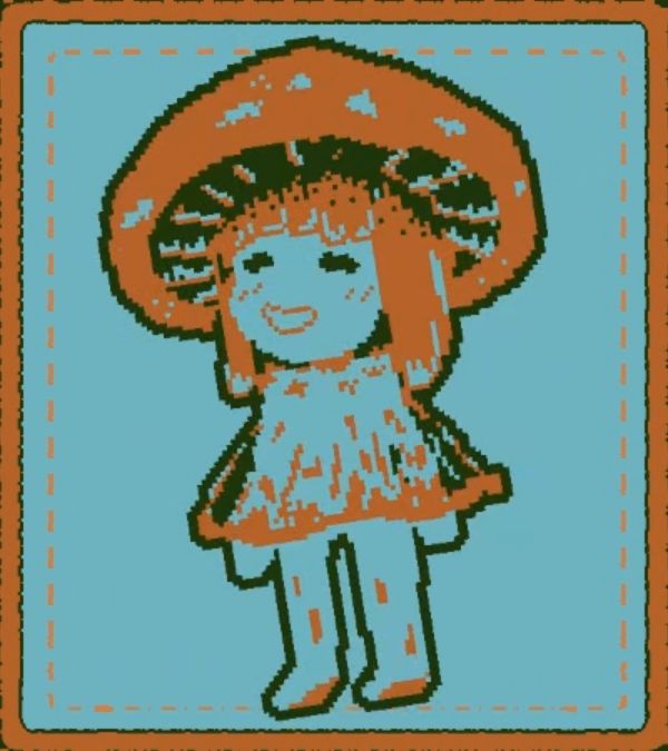 A screenshot from the game Mushroom Musume depicting a little pixel art mushroom person that looks more human than mushroom, wearing a little gil shawl/dress. The character is outlined in dark green (almost black), and the hair, mushroom cap, dress hem, and face are orange. The image is framed in orange, its background is a light turquoise (blue-green tint) .