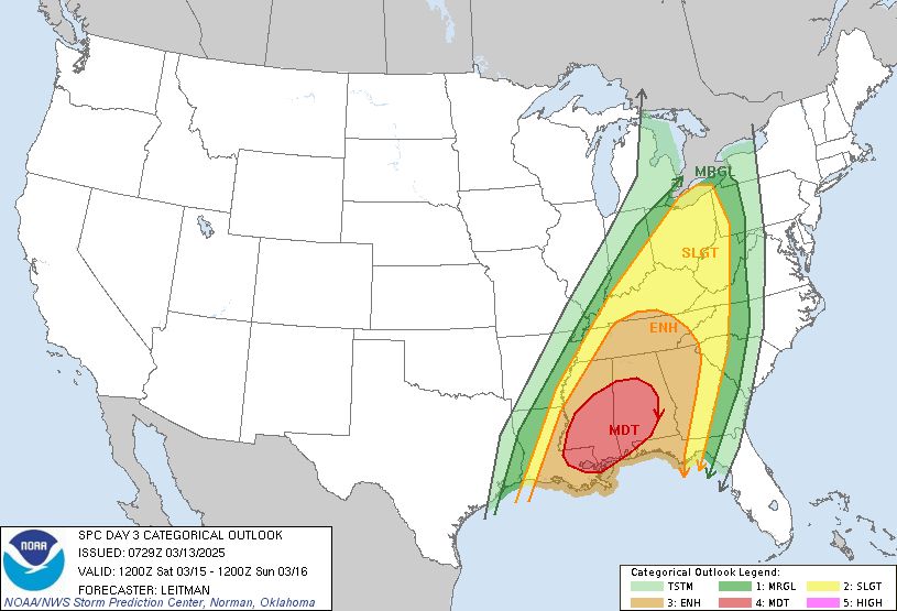 The National Weather Service Storm Prediction Center outlines a Day 2 (Saturday) Moderate Risk (4/5) of severe weather focused on Mississippi and Alabama and extreme eastern Louisiana, with the Enhanced Risk (3/5) area extending from western Georgia to Tennessee. The Ohio River Valley area are under a Slight Risk (2/5) of severe weather. Threats for all areas include violent, long-tracked tornadoes, large hail, and damaging winds.