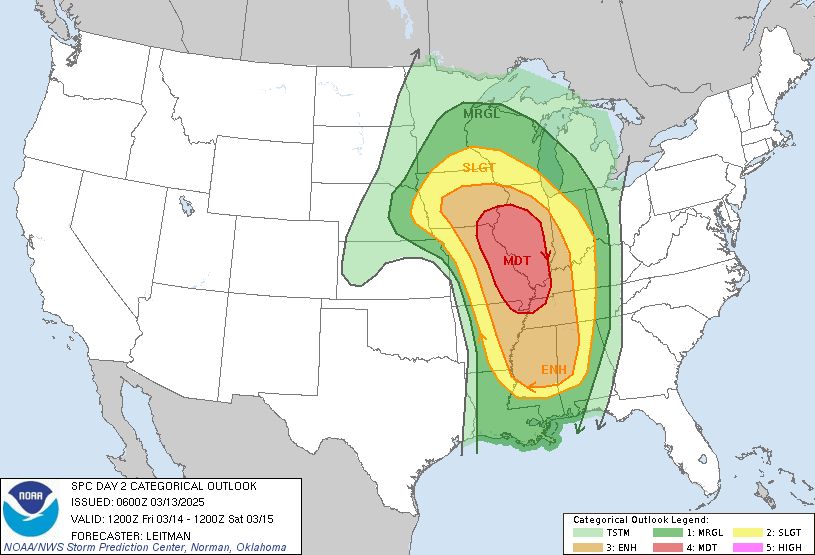 The National Weather Service Storm Prediction Center outlines a Day 1 (Friday) Moderate Risk (4/5) of severe weather focused on Illinois, with the Enhanced Risk (3/5) area extending from Mississippi/Alabama, through eastern Arkansas and western Tennessee, western Kentucky, southwest Indiana, and southeast Iowa. All severe modes are possible, with long-tracked, powerful tornadoes possible, and large hail likely.