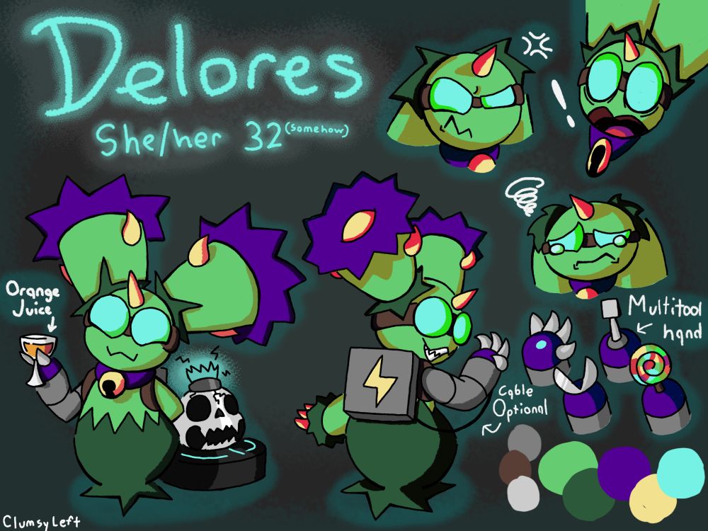 A maractus oc named Delores
Far-left: Delores drinking orange juice as a defaced skull rest on a roomba behind her.
Middle: Delores turned around clutching her hand.
Top-right: various facial expressions (anger, surprise, sadness)
Bottom-right: Various tools that extend out of her robotic hand. And a color pallete.