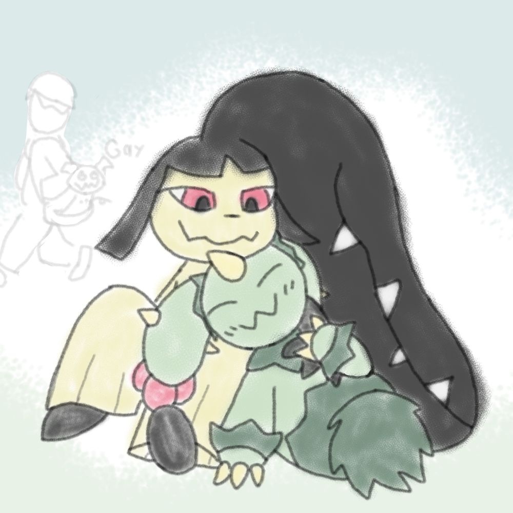 A mawile and maractus sitting together. A mimikyu in the background makes an very direct observation.