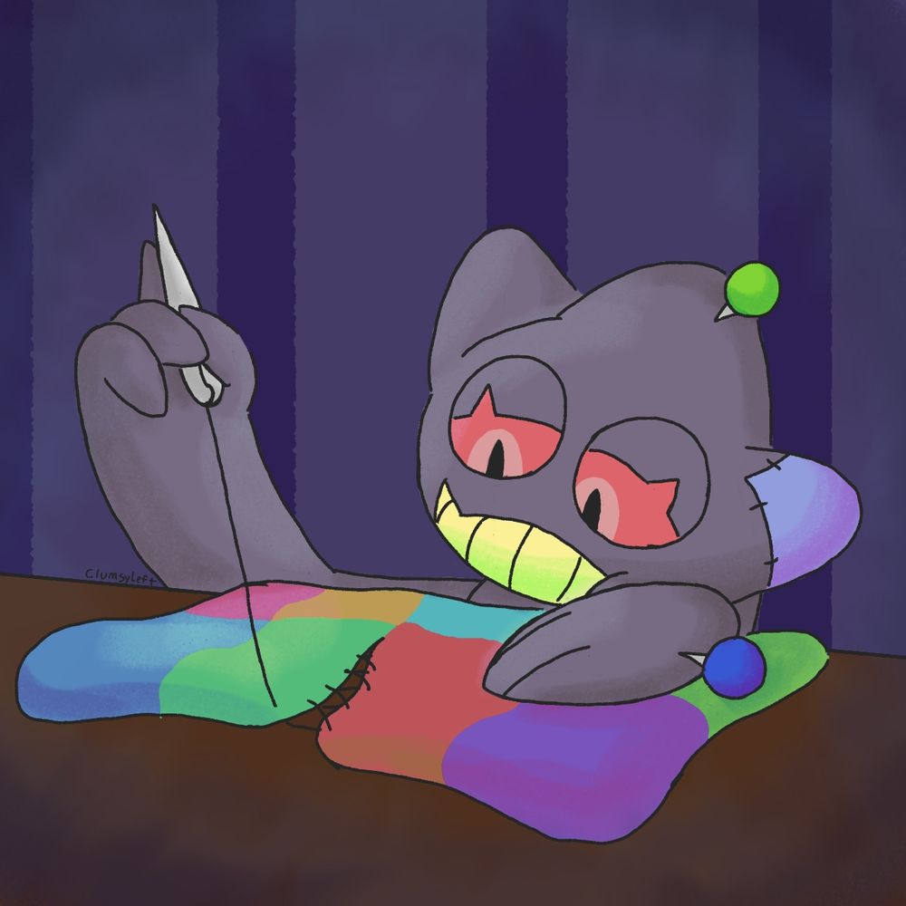 A Banette knitting a quilt together.