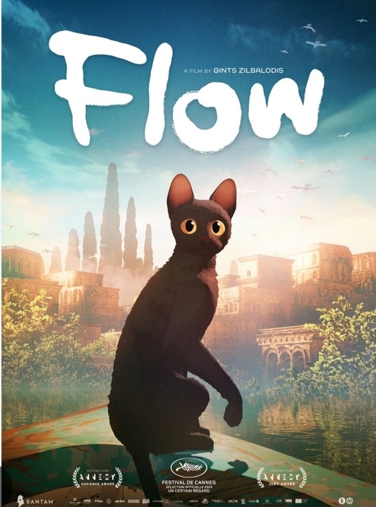 The poster of the animated Latvian film 'Flow'. On the poster is a black cat with big yellow eyes and in the background the ruins of a flooded city. 