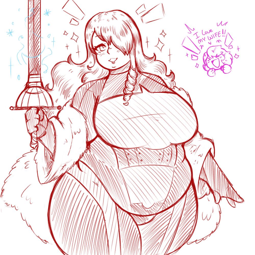 A simplistic doodle of Mitsuru from Persona. Here shown in her Persona 4 Arena Appearance. Drawn chubby and holding her rapier.
Yukari is in the corner screaming that she loves her wife.