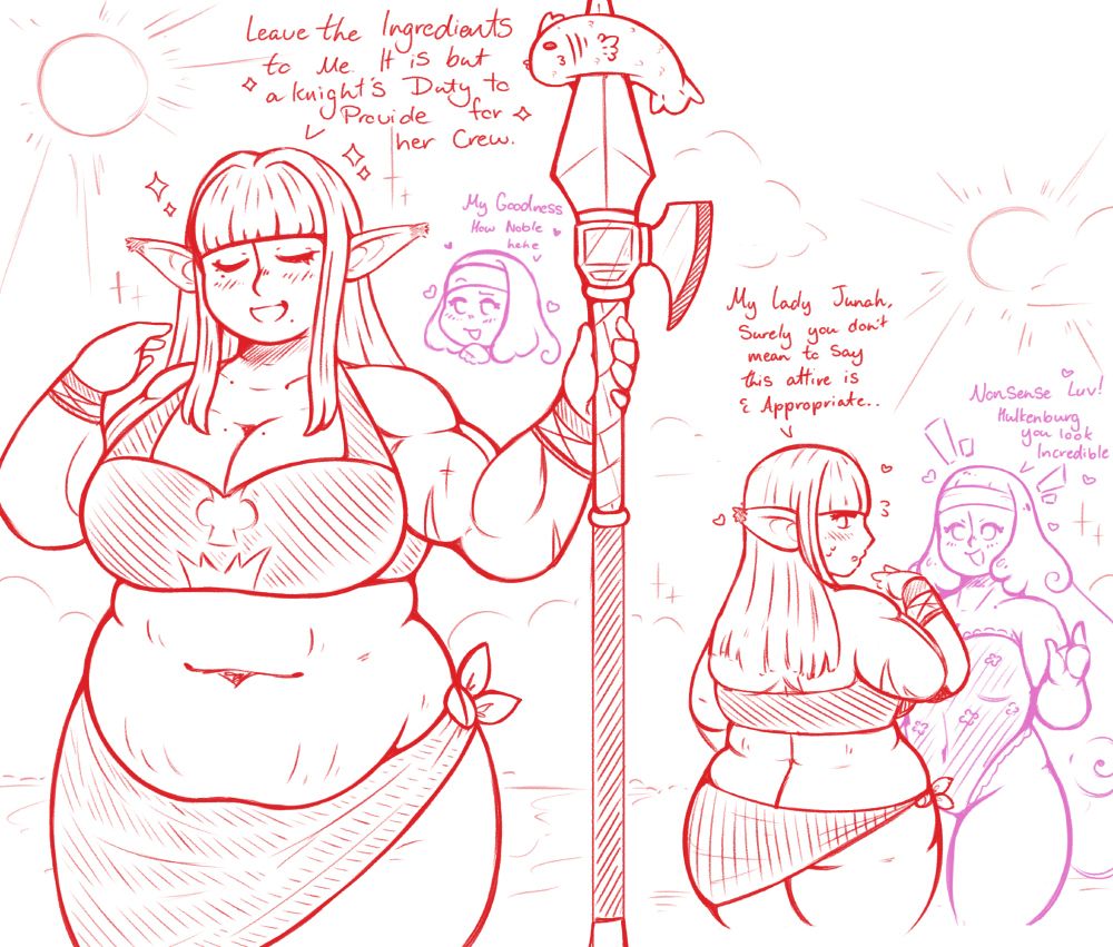 A couple simplistic doodles of Hulkenburg and Junah from Metaphor Refantazio. Here Hulkenburg is drawn with a strong-fat build. She's wearing beachwear and holding a Halberd, the tip of the spear having a fish atop it.
The other doodle has a flustered Hulkenburg being encouraged by Junah.