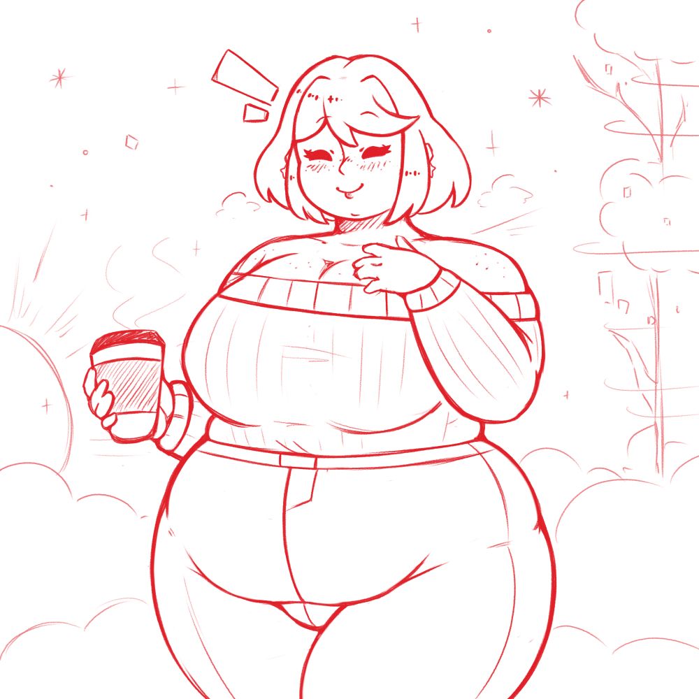 A simplistic doodle of Pyra from Xenoblade Chronicles 2. Here in drawn chubby and in Jeans. Standing Infront of a cloudy, snowy background.